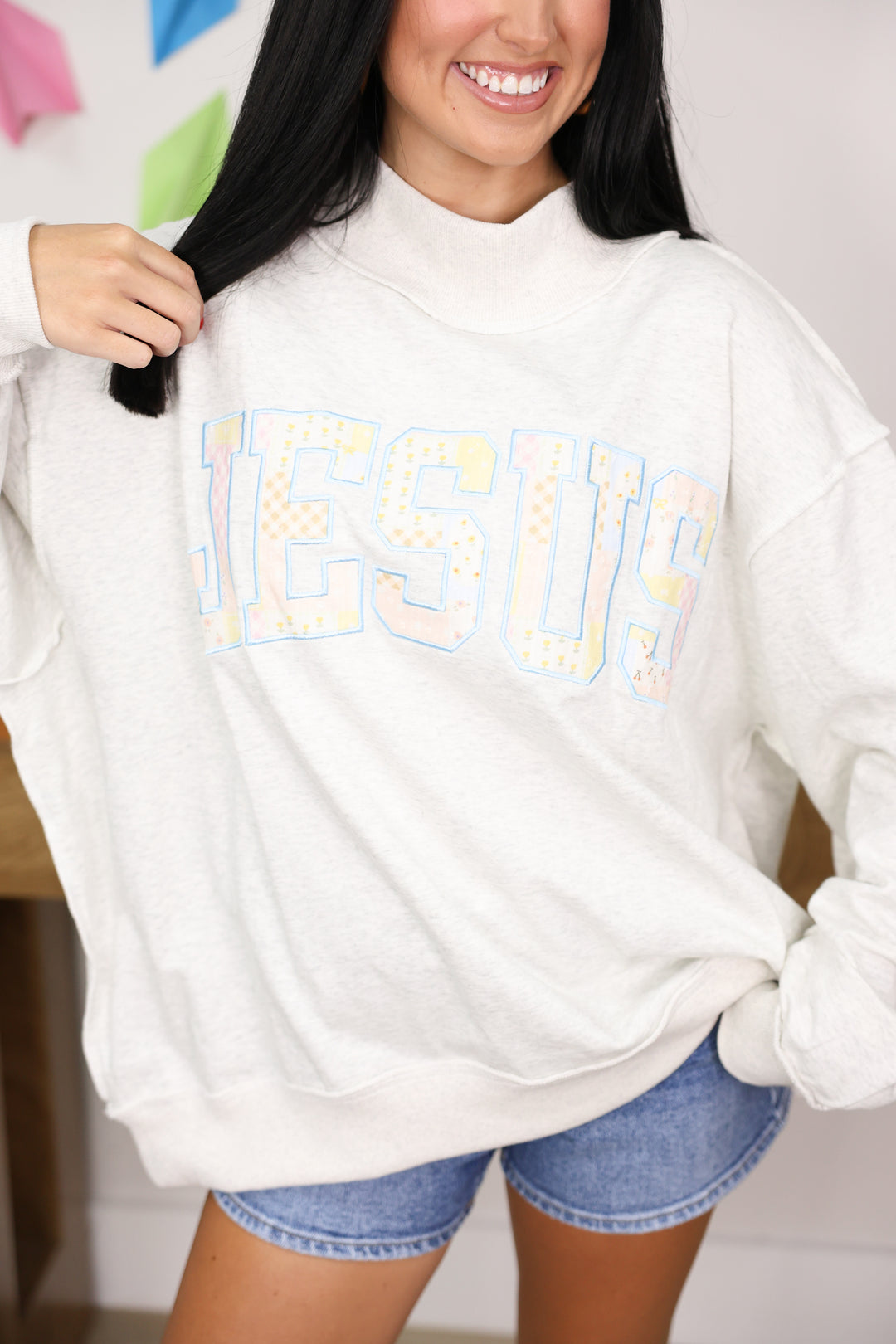 Patchwork Embroidered "JESUS" Applique Sweatshirt "Ash Grey"