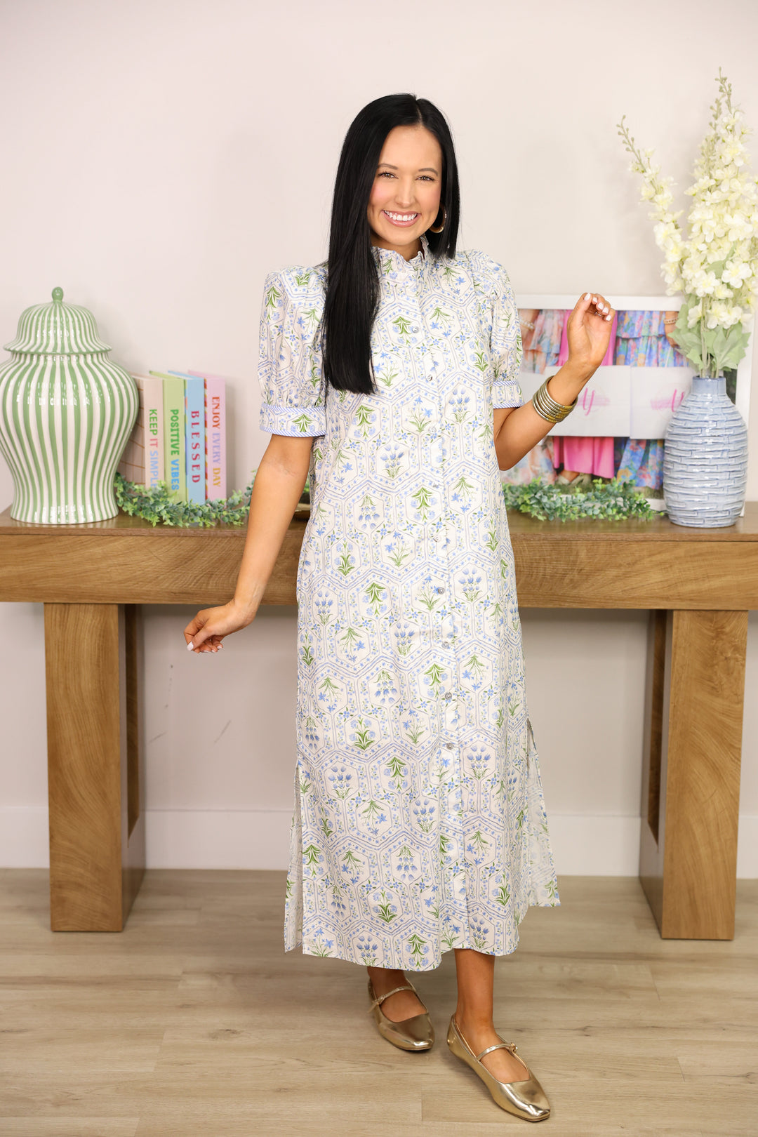 Tea Garden Floral Midi Dress "Blue"