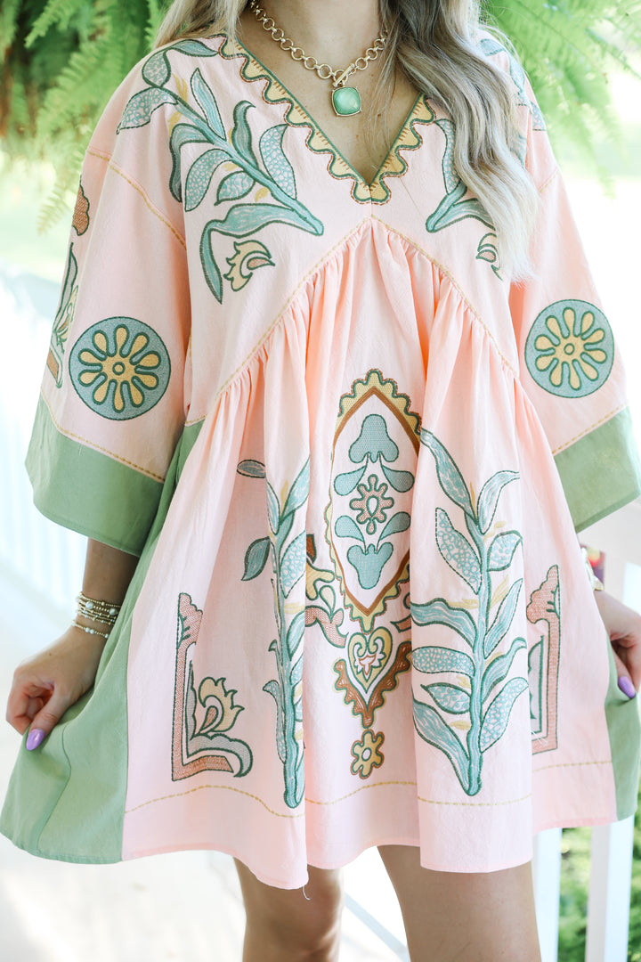 Floral Embroidered V-Neck Mini Dress "Salmon/Sage"