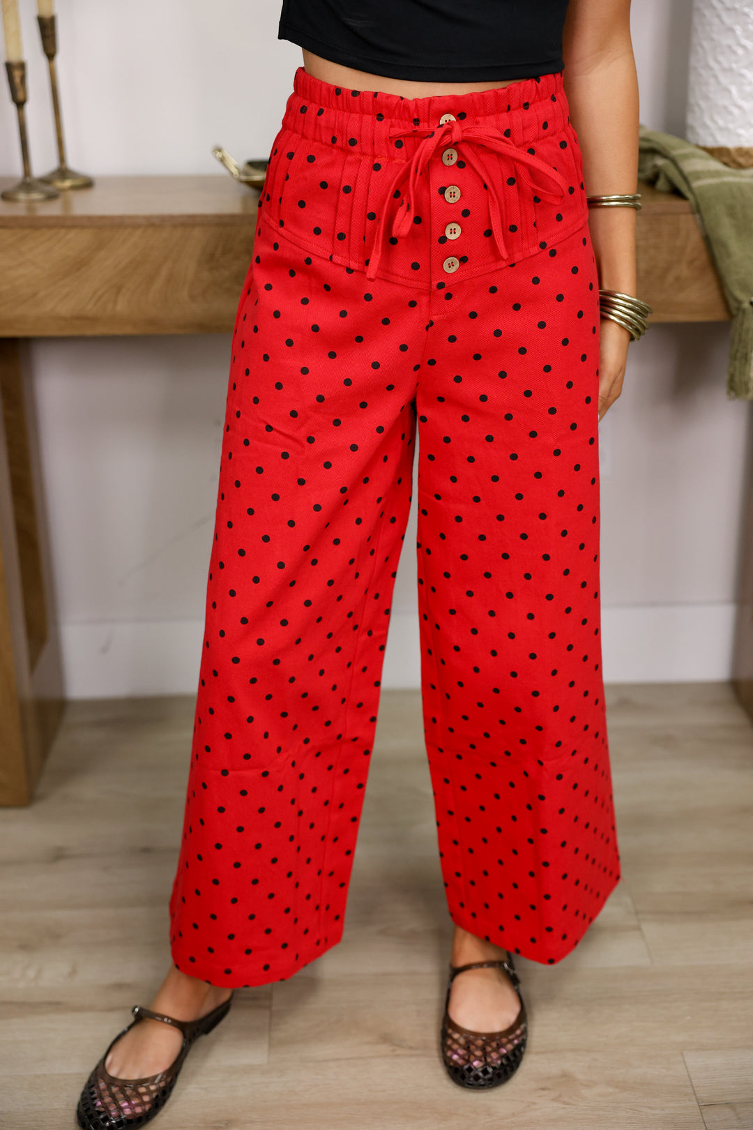 Front Button Up Wide Leg Polka Dot Pants "Red"