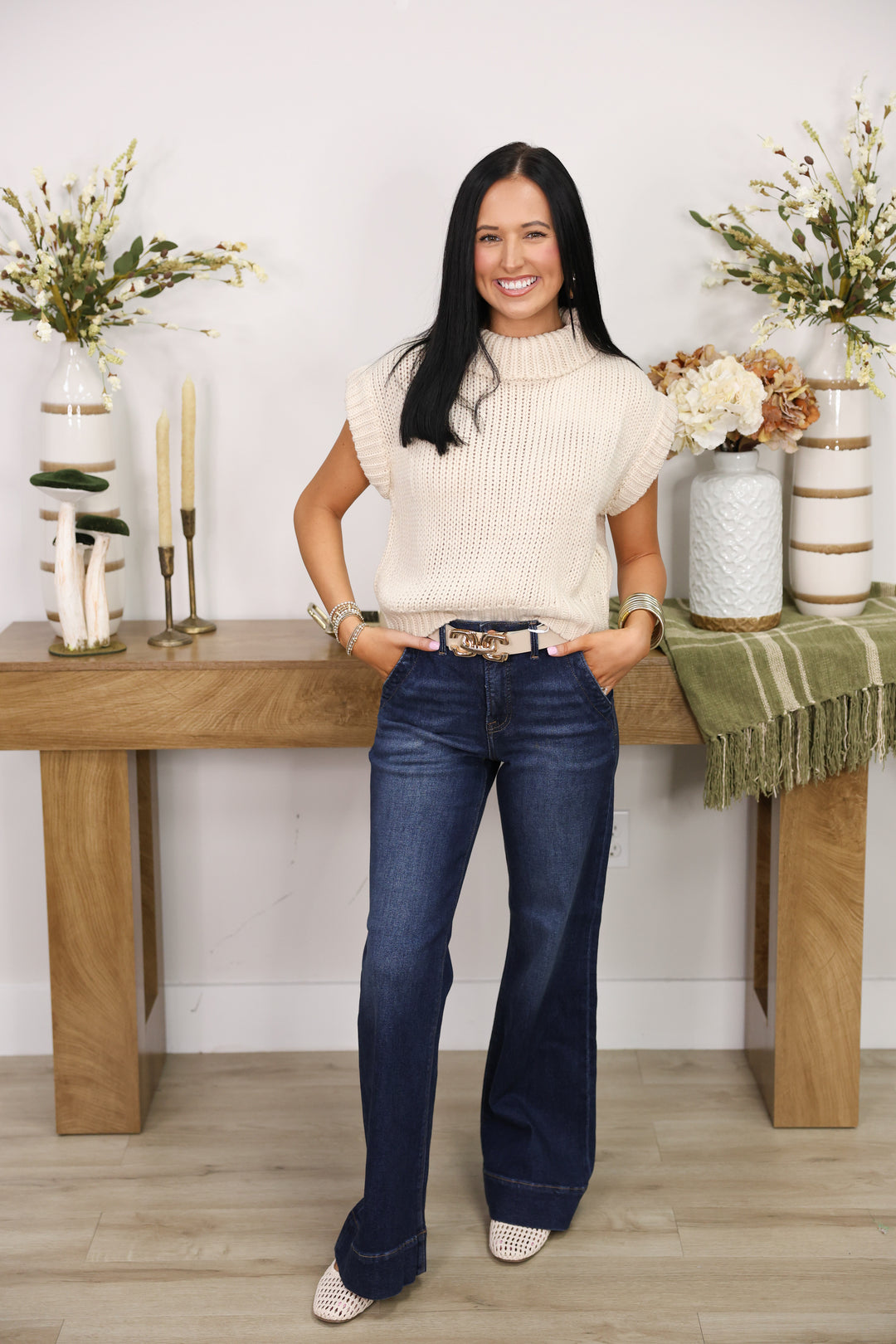 Sleeveless Cropped Turtleneck Knit Sweater Top "Ecru"