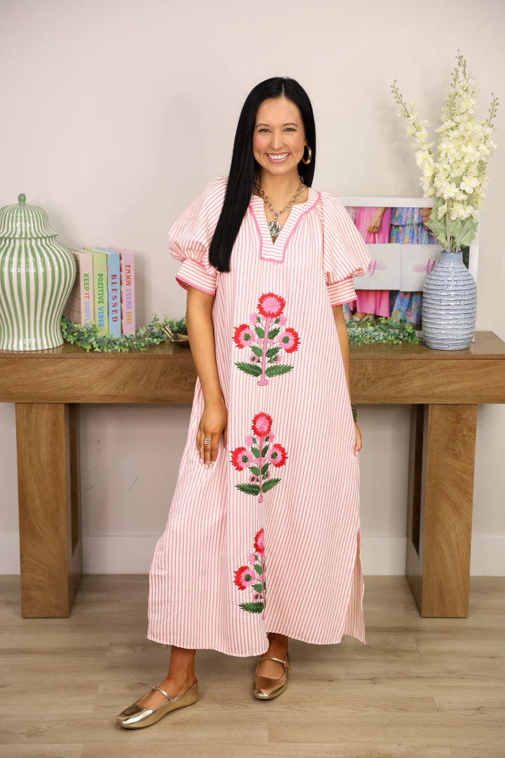 Sunday Stroll Stripe Floral Embroidery Dress "Pink"