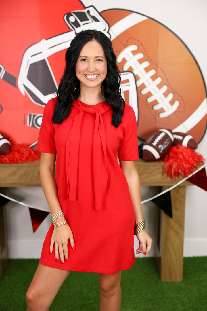 Solid Short Sleeve Sweater Mini Dress W/ Layered Scarf Detail "Red"