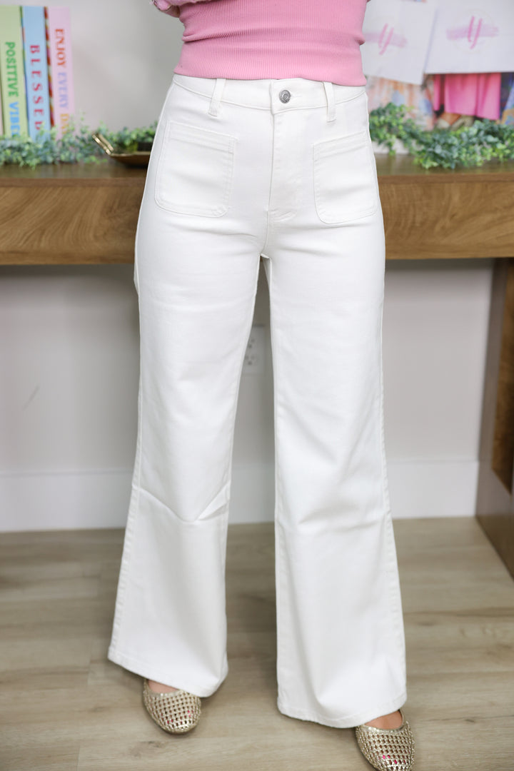 Stretch Front Two Pocket High Rise Flare Jeans "Off White"