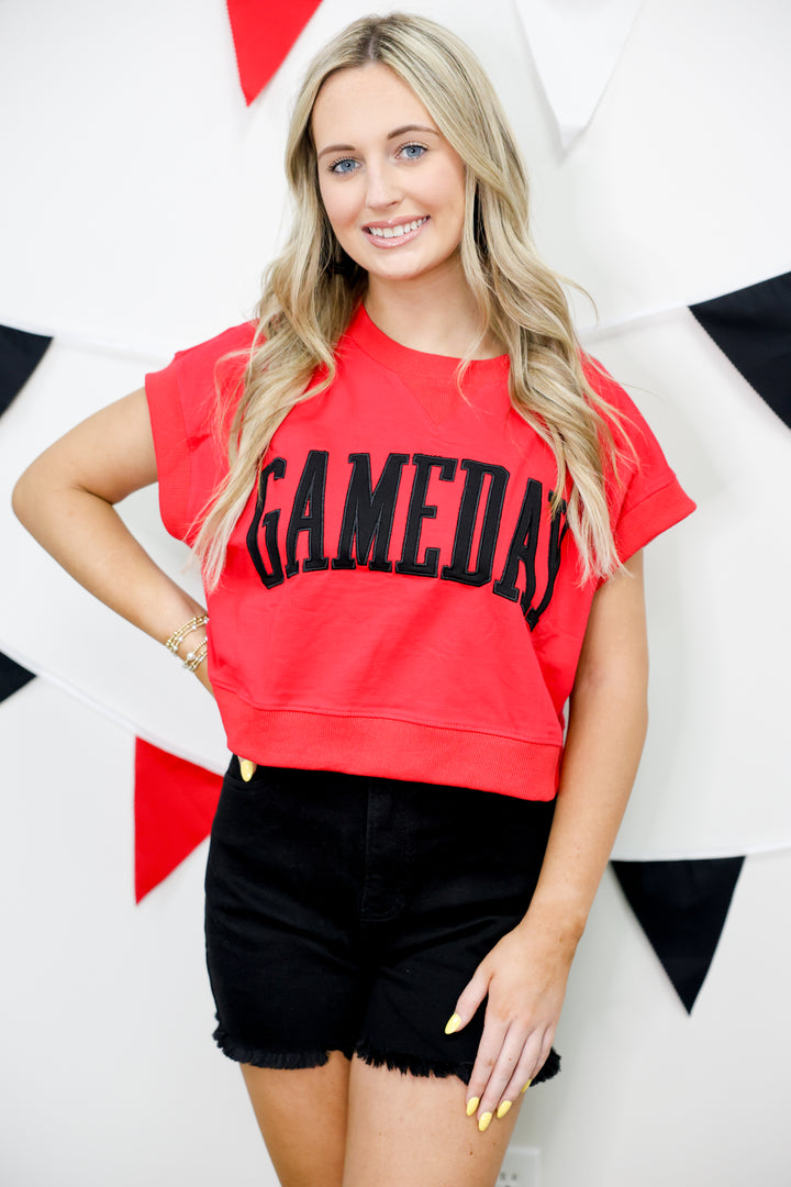 Gameday Boxy Cropped Terry Top "Red/Black"