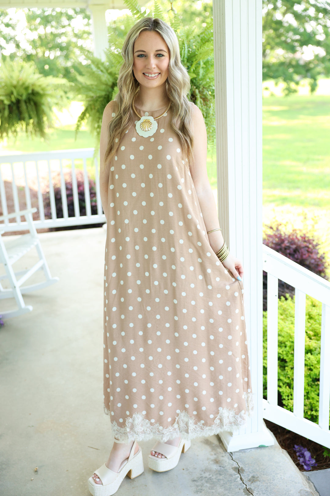 Polka Dot Sleeveless Midi Dress W/ Lace Trim Hem "Latte"