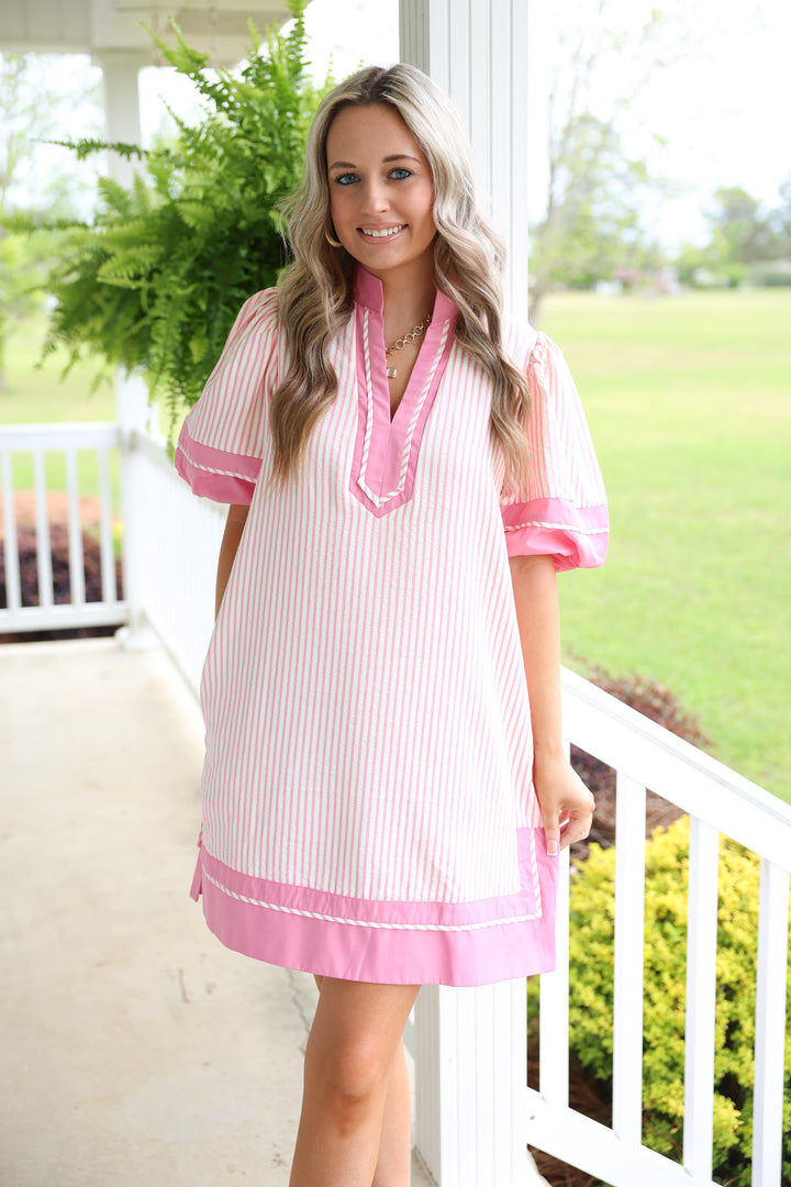 Sassy Stripes Puff Sleeve Dress "Pink"