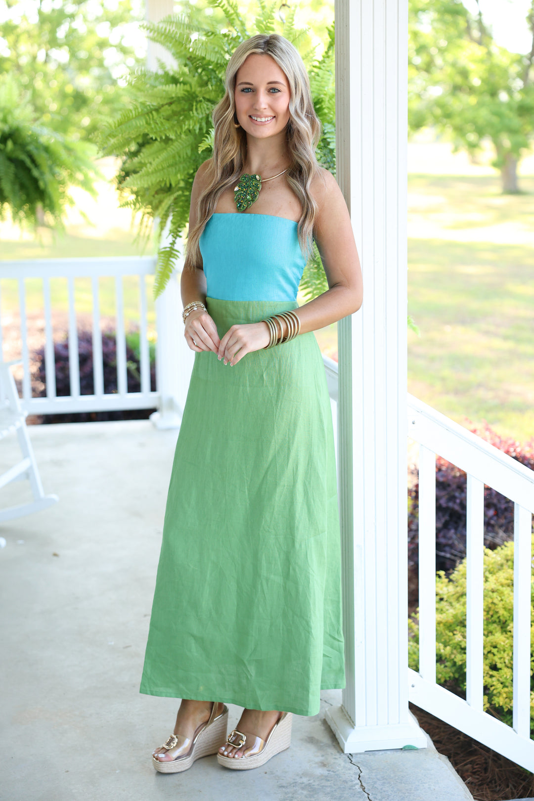 Mei Contrast Strapless Linen Maxi Dress "Aqua Blue/Green"