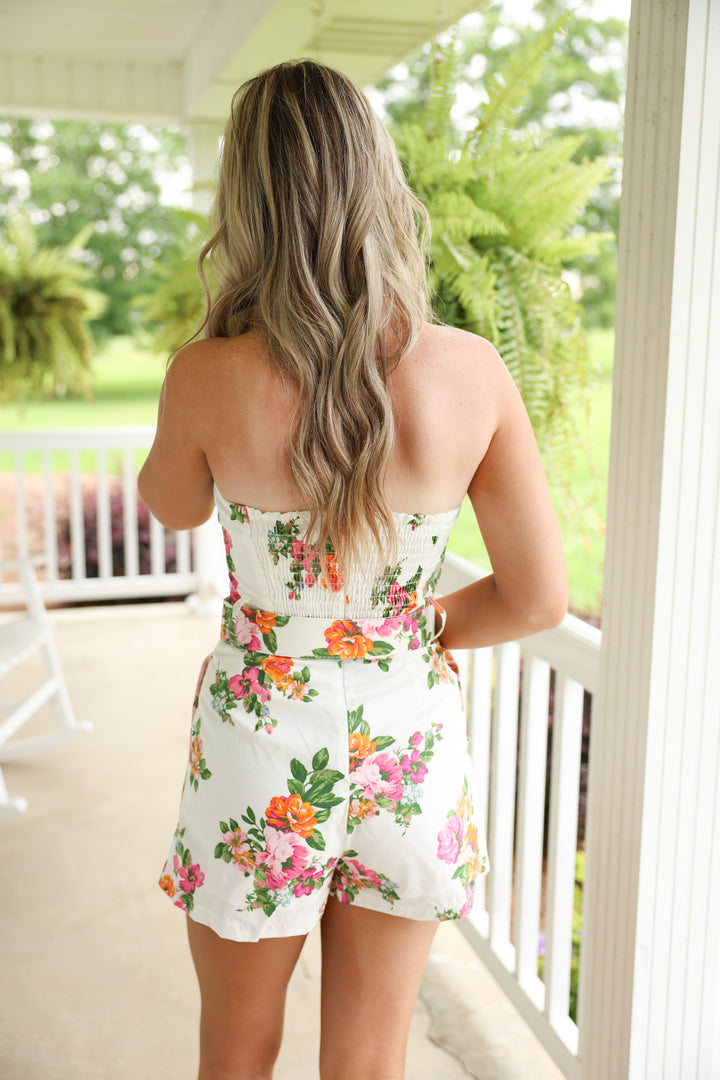 Heidi Strapless Floral Romper ""White Pink Floral"