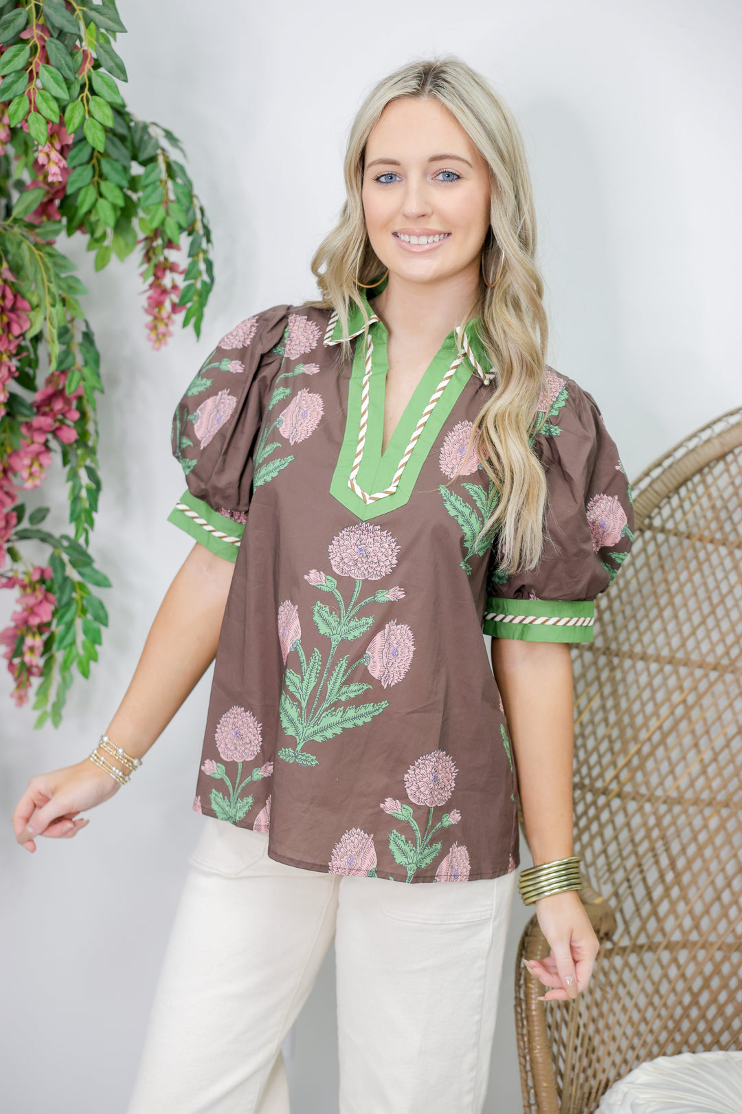 Floral Print Bubble Sleeve Top "Brown"