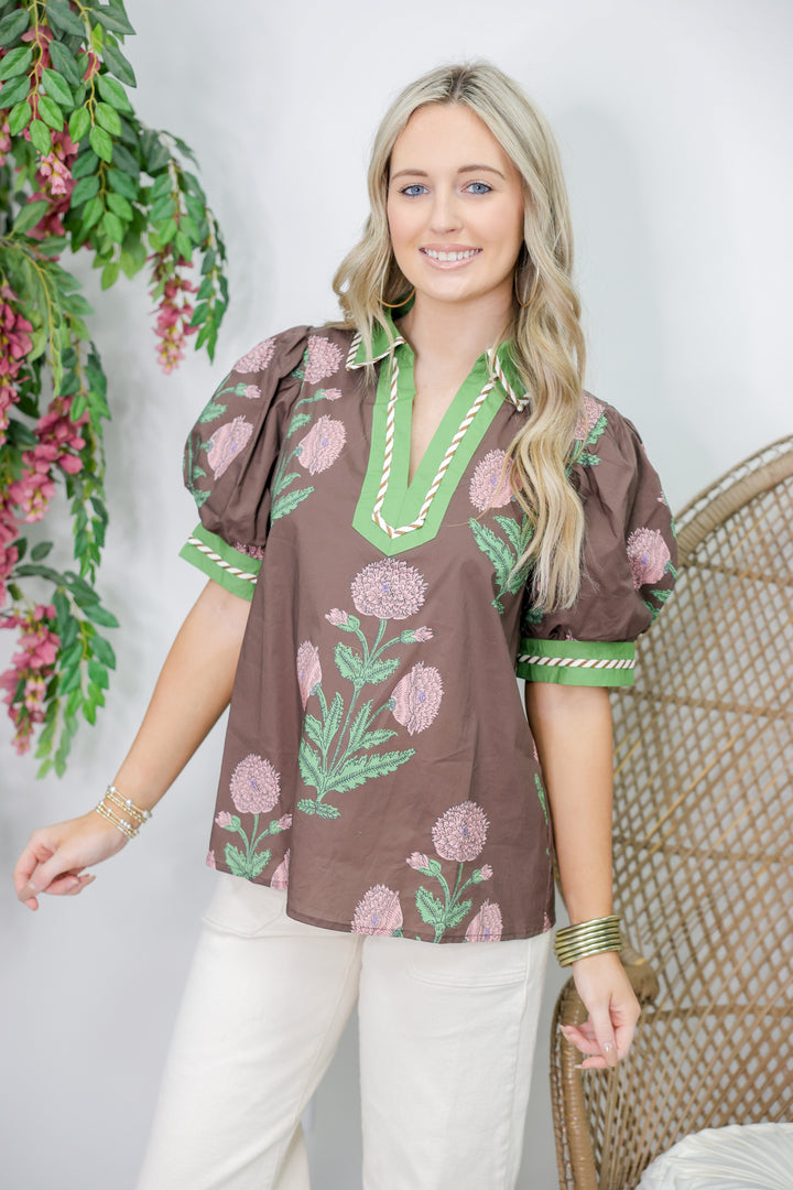 Floral Print Bubble Sleeve Top "Brown"