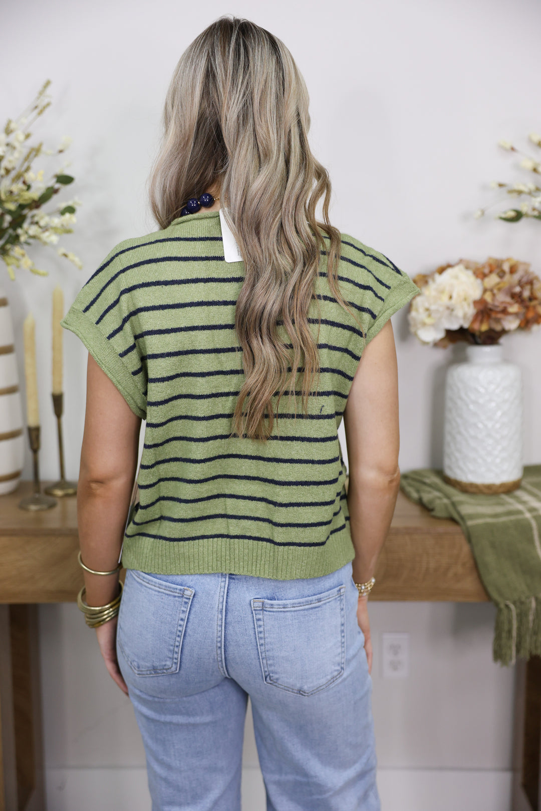 Striped Cap Sleeve Piper Vest "Matcha"