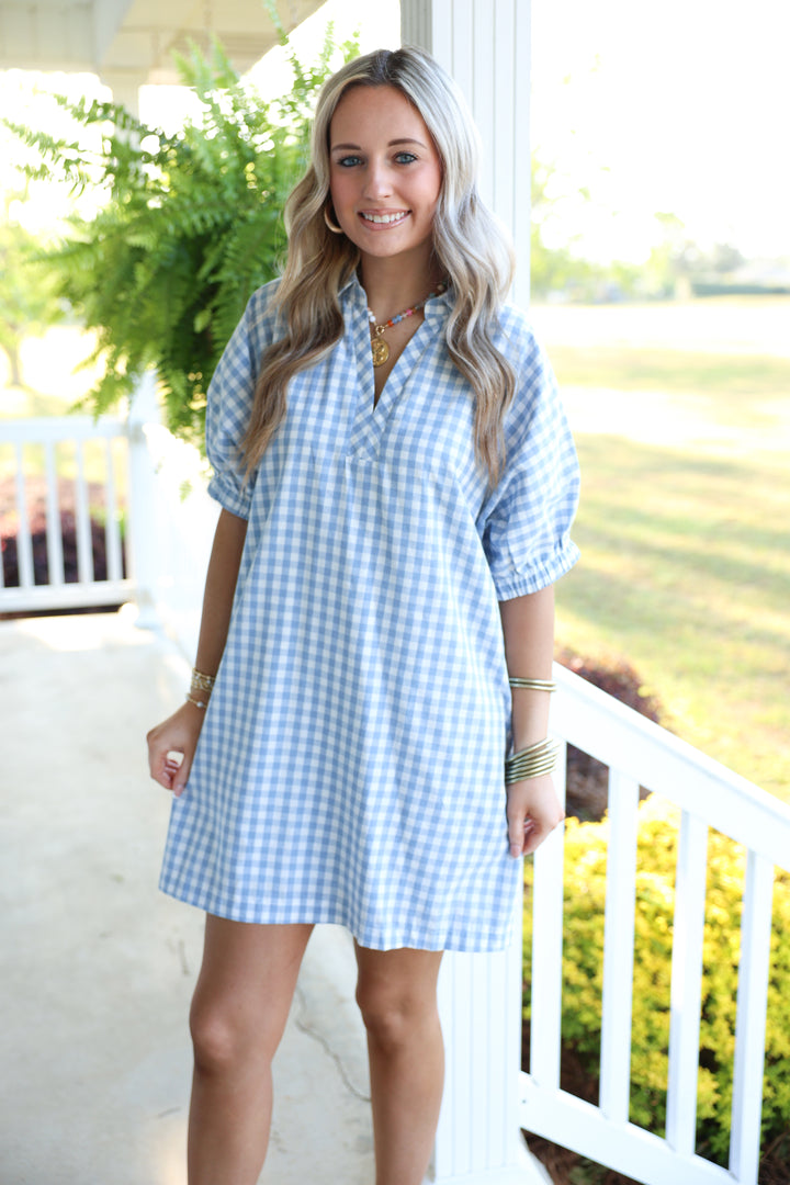 Southern Gingham Print Dress "Blue"