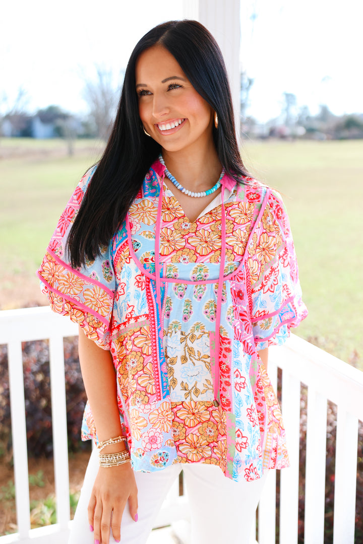 Jasmine Pink Trim Printed Top