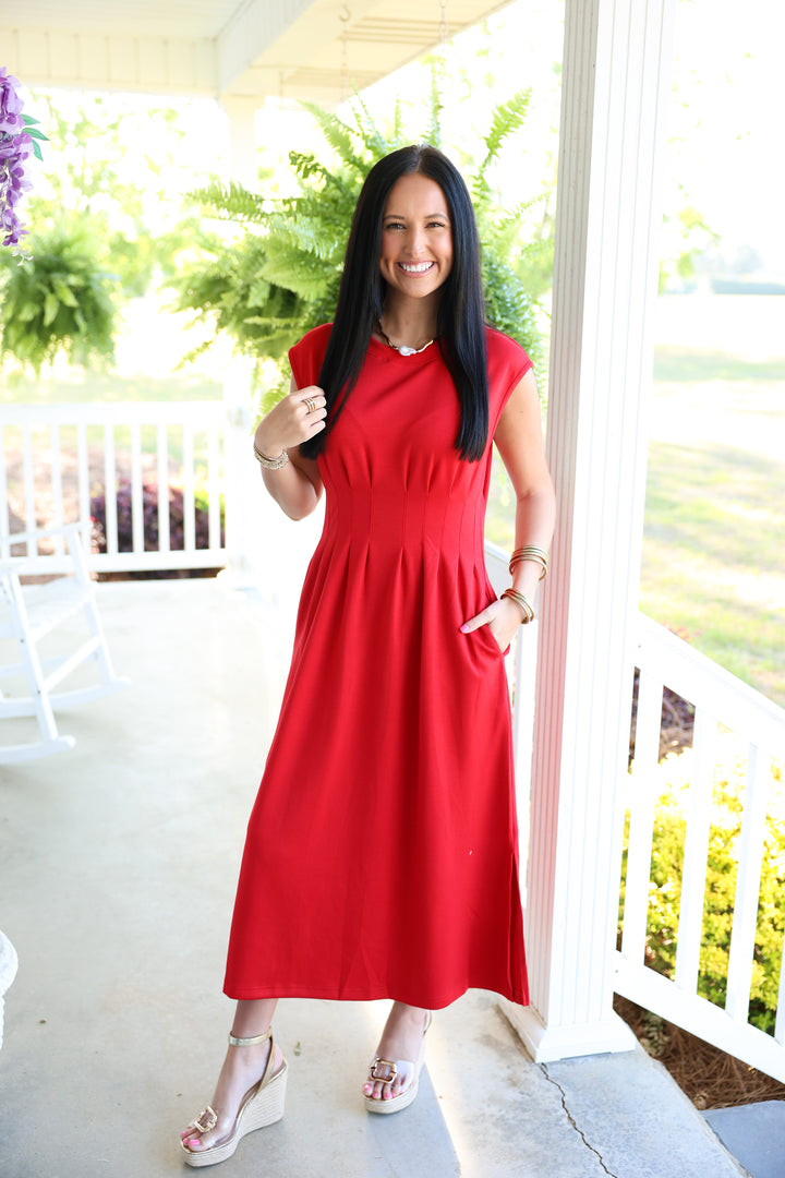 Solid Cap Sleeve W/ Pintuck Waist Midi Dress "Red"