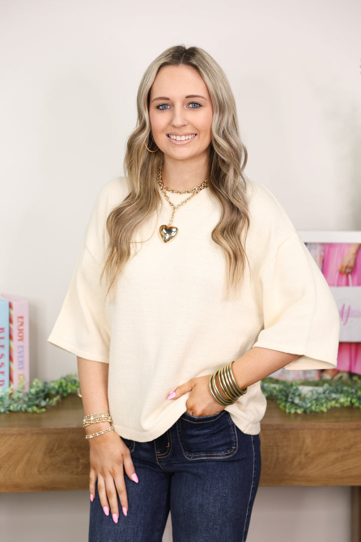 Solid 3/4 Sleeve Knit Top "Cream"