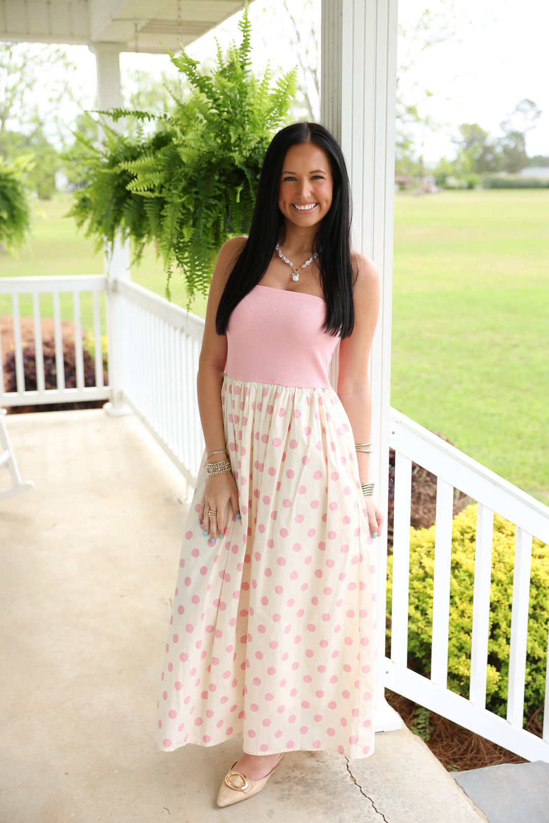 Strapless Knit & Woven Polka Dot Print Tube Midi Dress "Pink"