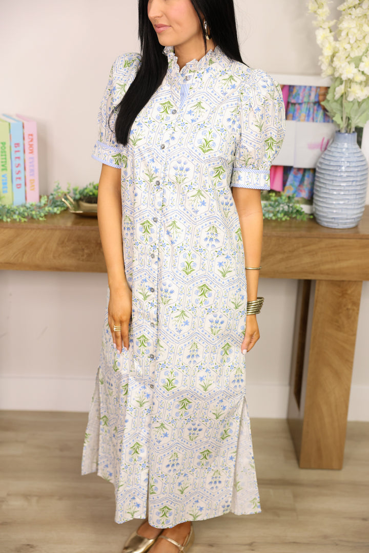 Tea Garden Floral Midi Dress "Blue"