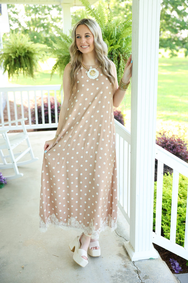 Polka Dot Sleeveless Midi Dress W/ Lace Trim Hem "Latte"