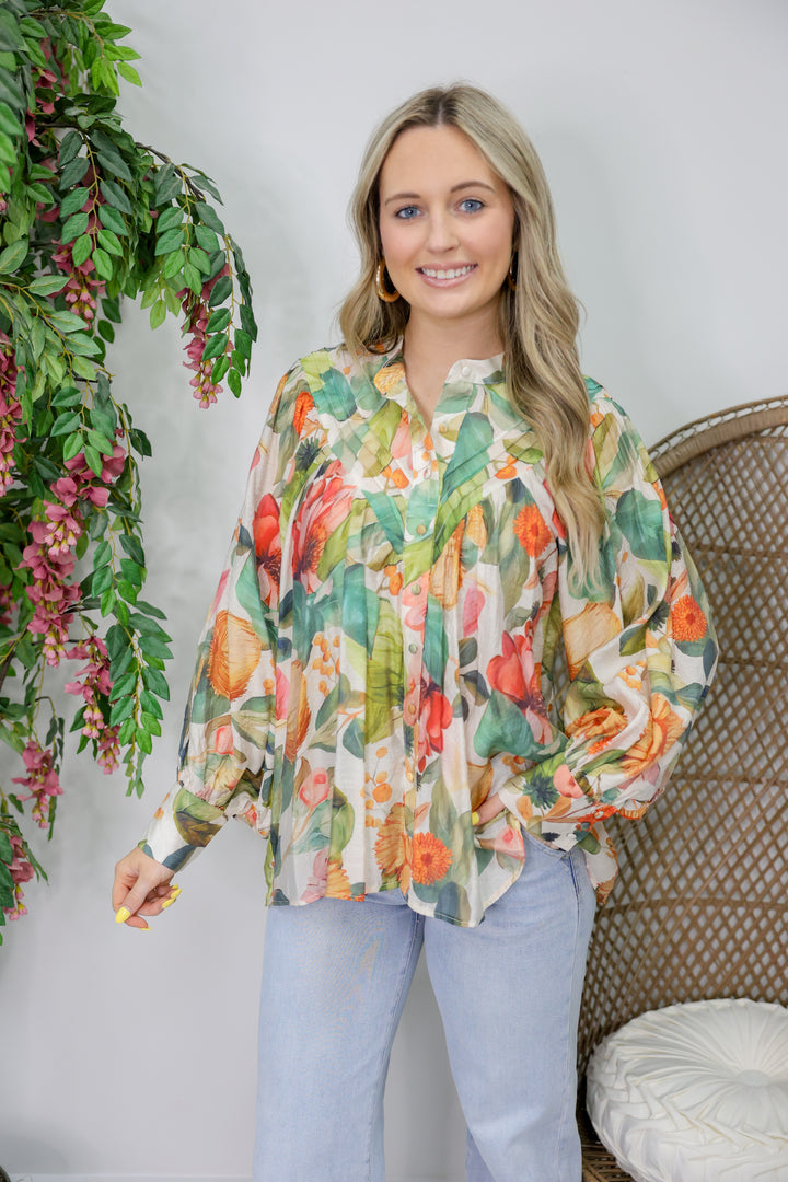 Floral Printed Button Down "Forest Bloom"