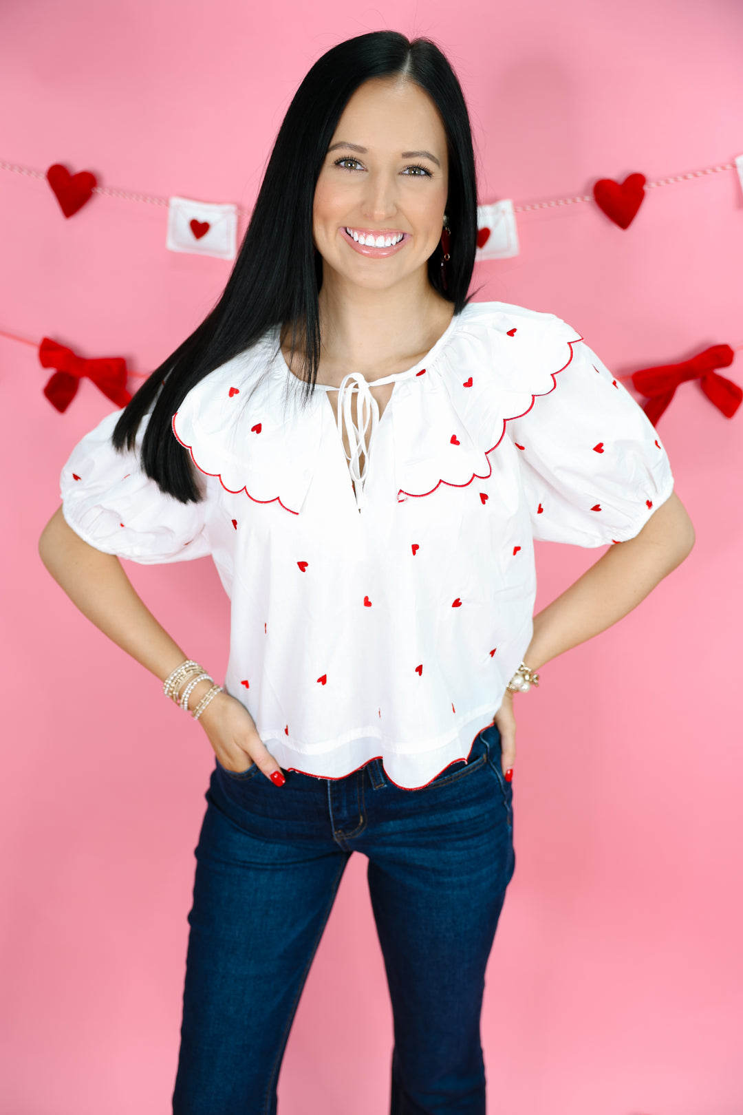 Heart Embroidered Scalloped Top