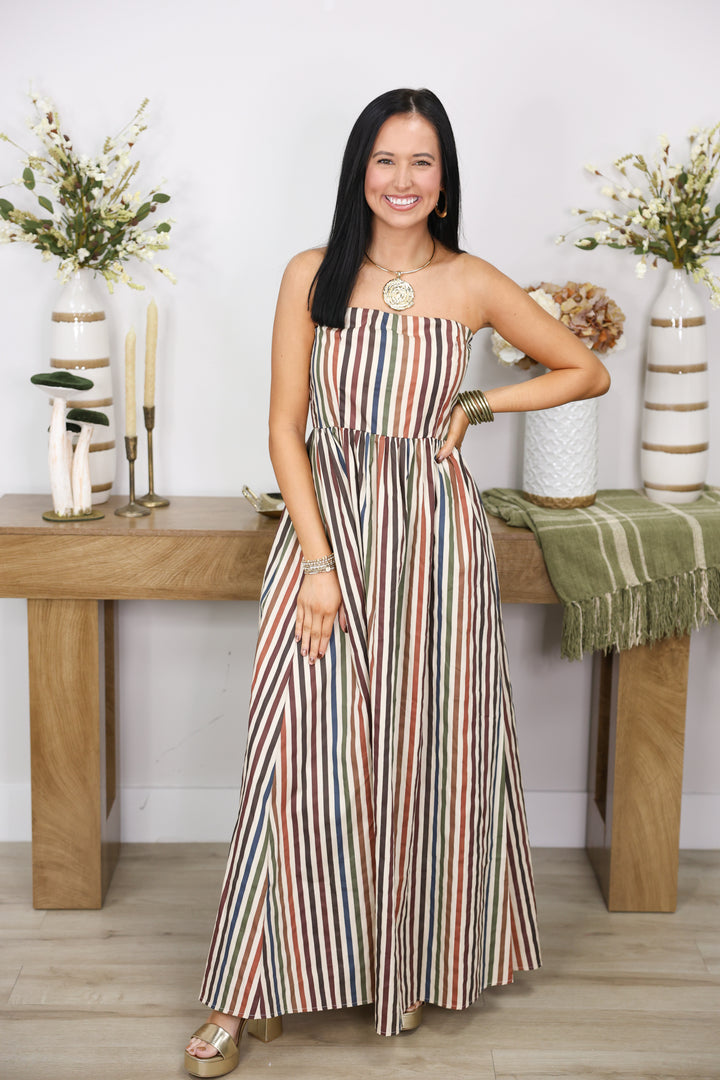 Golden Hour Stripe Printed Strapless Dress "Multi"