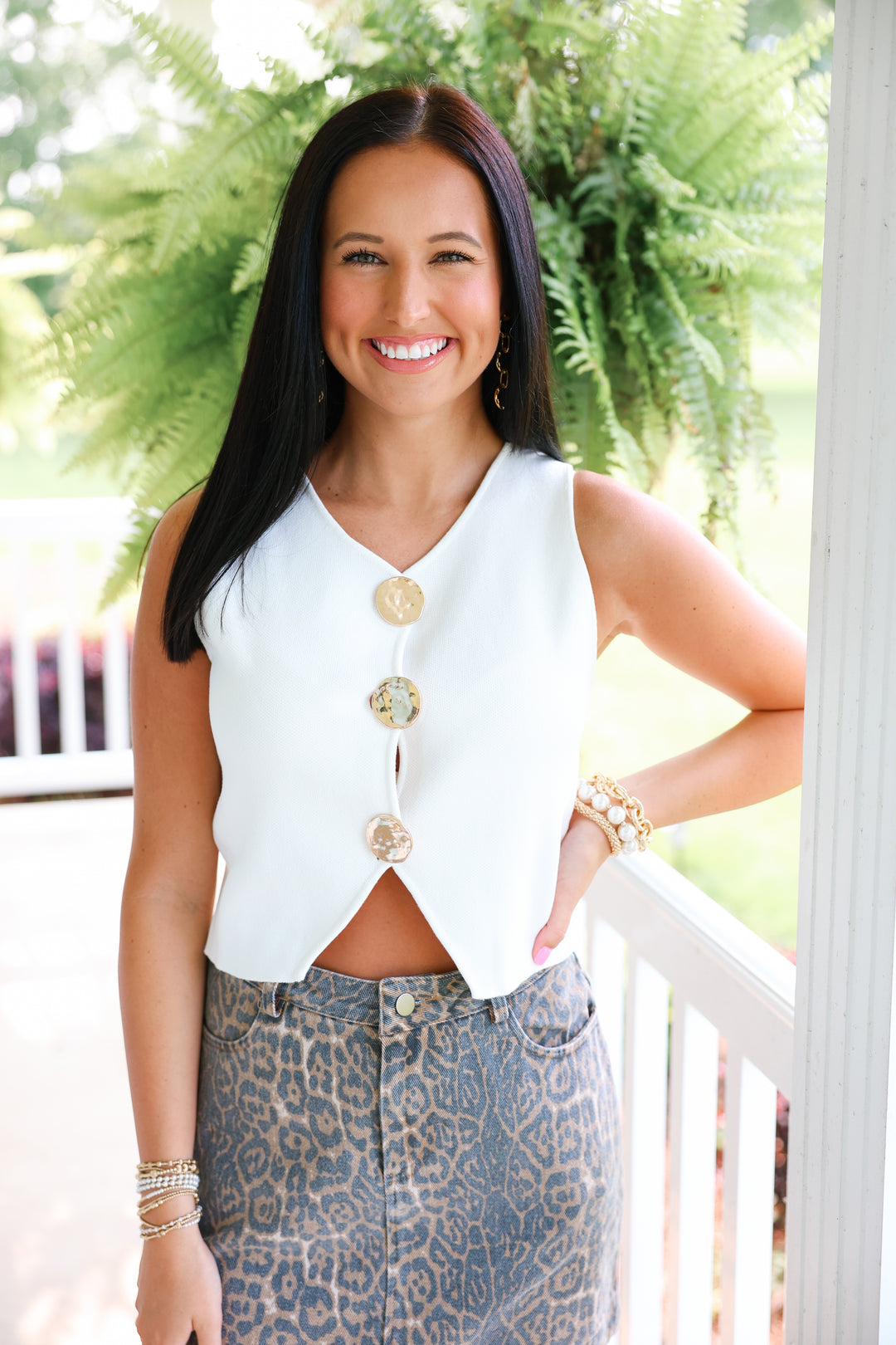 Big Metal Button Front Vest Top "Off White"
