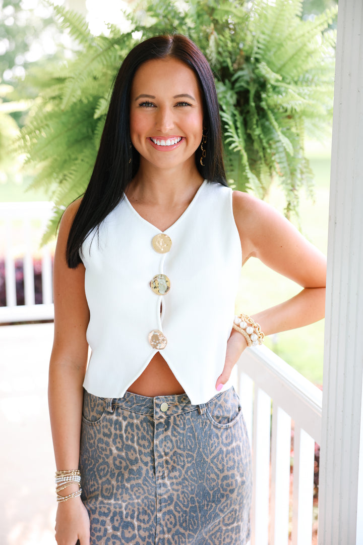 Big Metal Button Front Vest Top "Off White"