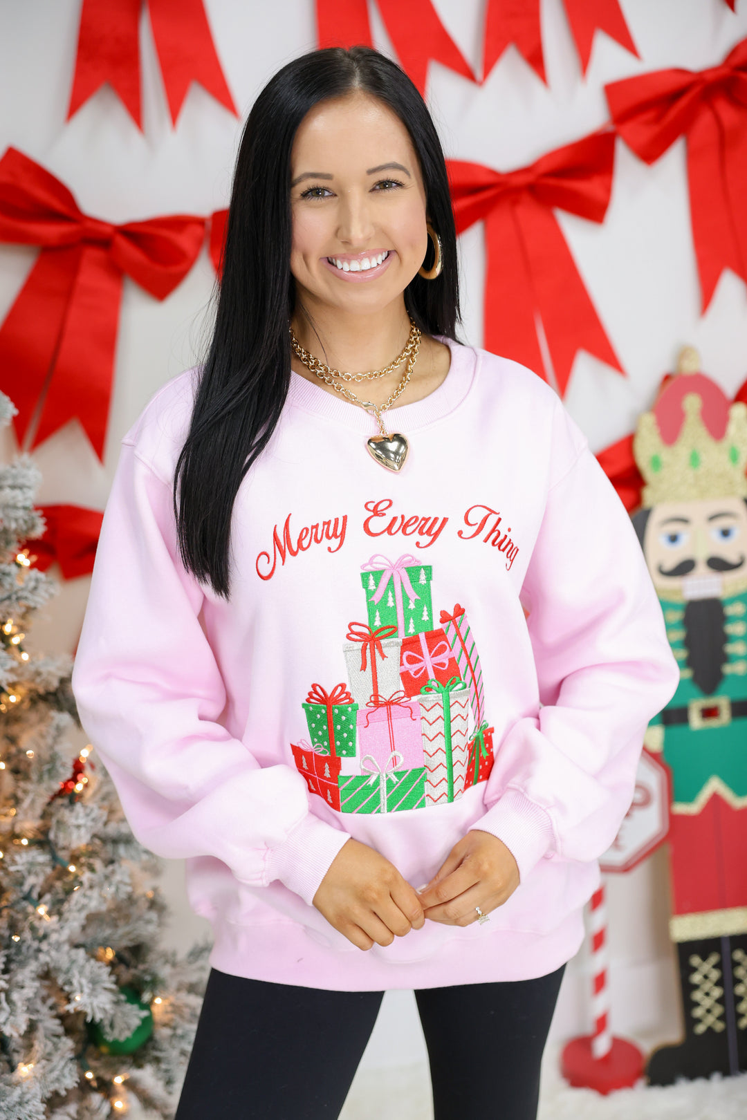 'Merry Every Thing' Metallic Embo Detail Sweatshirt "Lt.Pink"