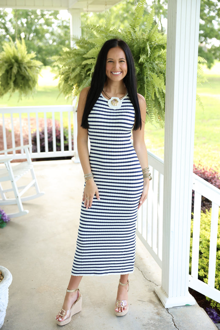 Sleeveless Round Neck Striped Rib Sweater Midi Dress "White/Navy"