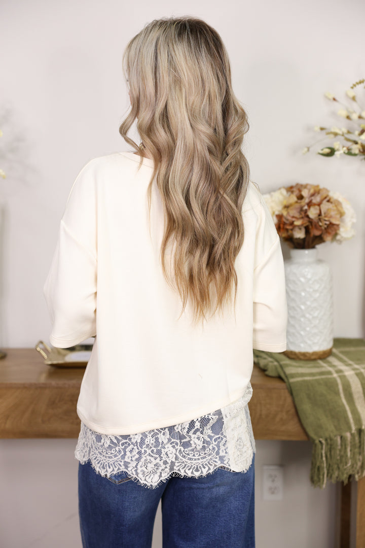 Solid Short Sleeve Knit Top W/ Scallop Lace Hem Detail "Ecru"