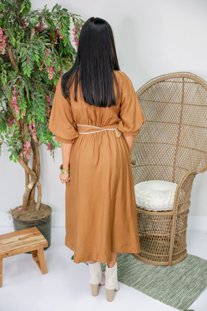 Anne Solid Short Puff Sleeve Midi Dress "Camel"
