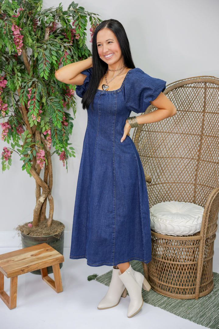 Mineral Washed Puff Sleeve Midi Dress "Denim"