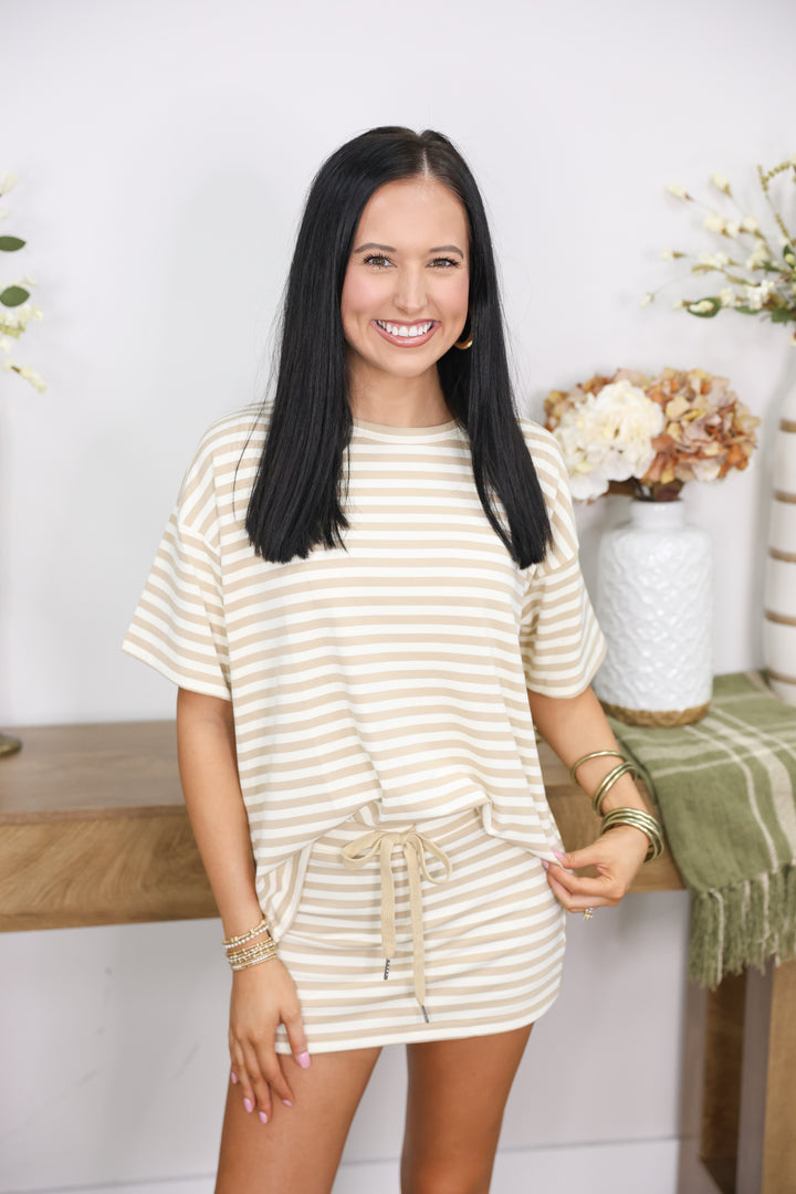 Round Neck Oversized Stripe Tee & Mid Rise Skort Set "Beige/Cream"
