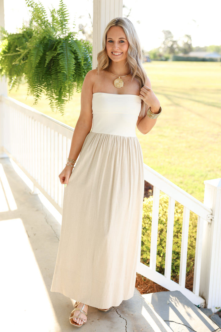 Linen Ribbed Knitted Top Combo Dress "White/Oatmeal"