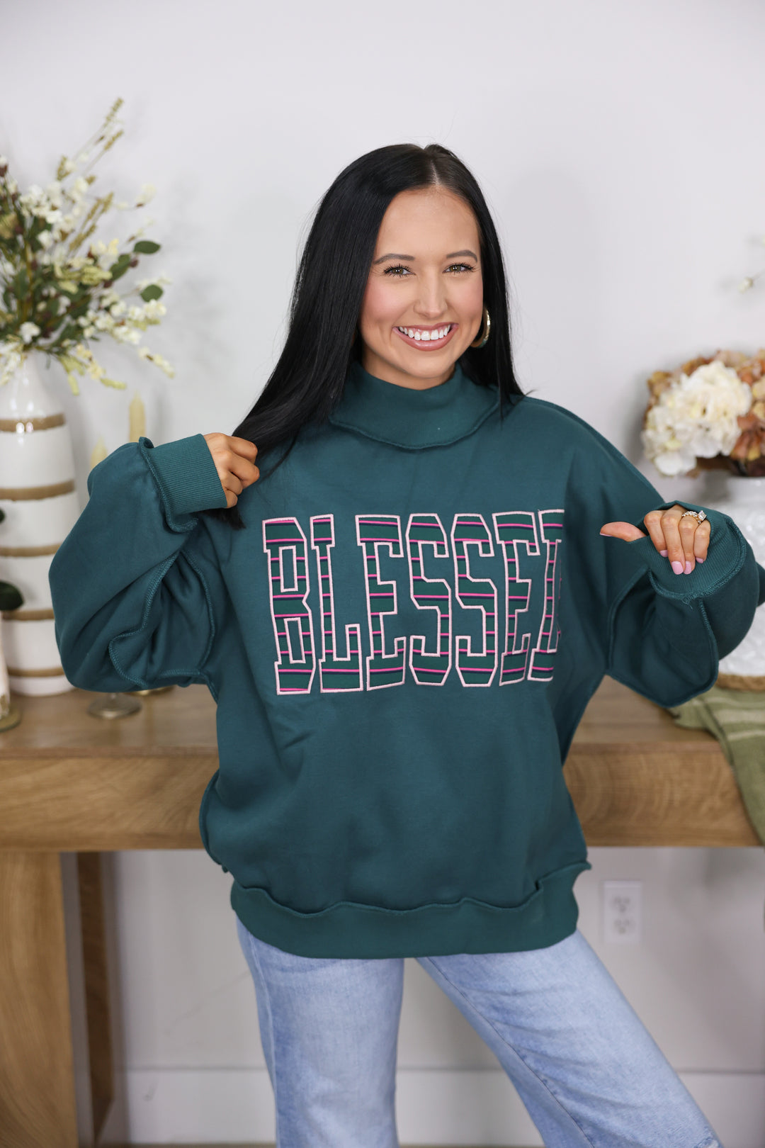 "Blessed" Mock Neck Sweatshirt "Hunter Green"