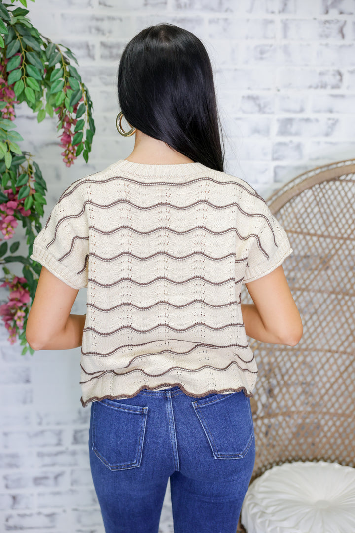 Scallop Striped Pattern Knit Sweater Top "Lt.Taupe"
