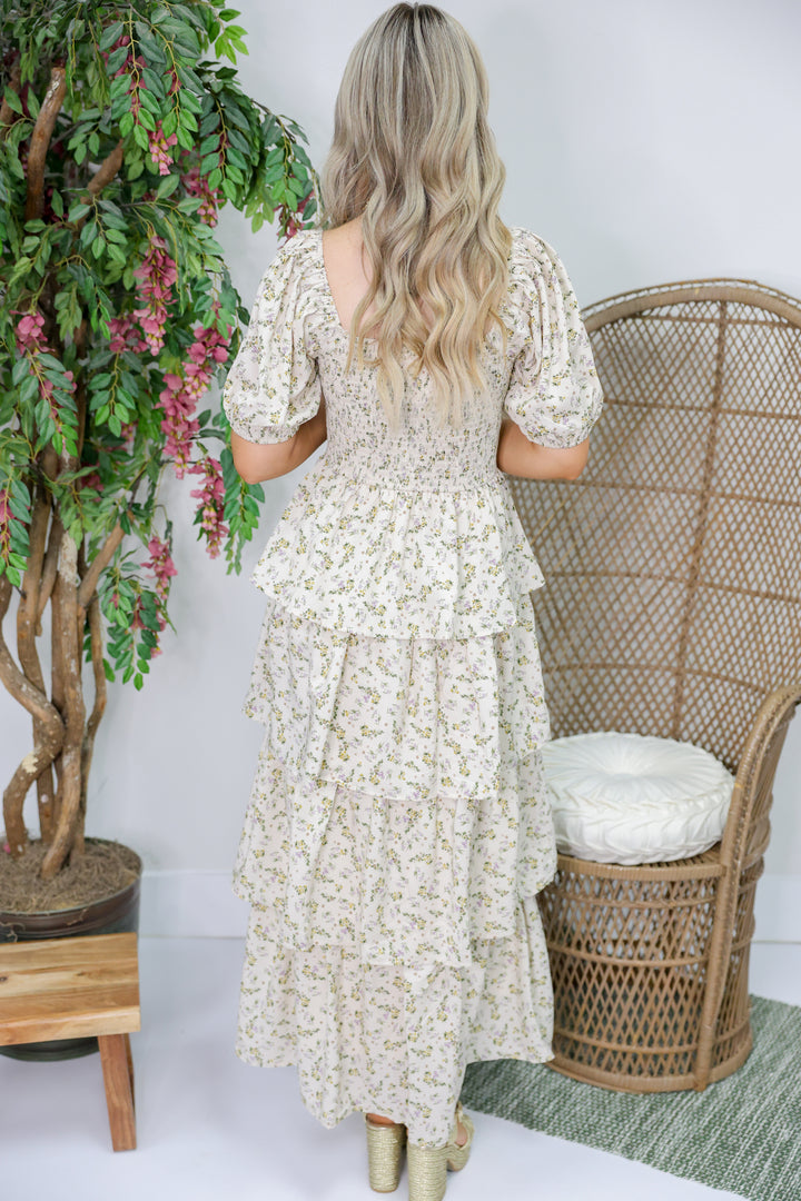 Fall Floral Smocked Midi Dress "Vanilla"