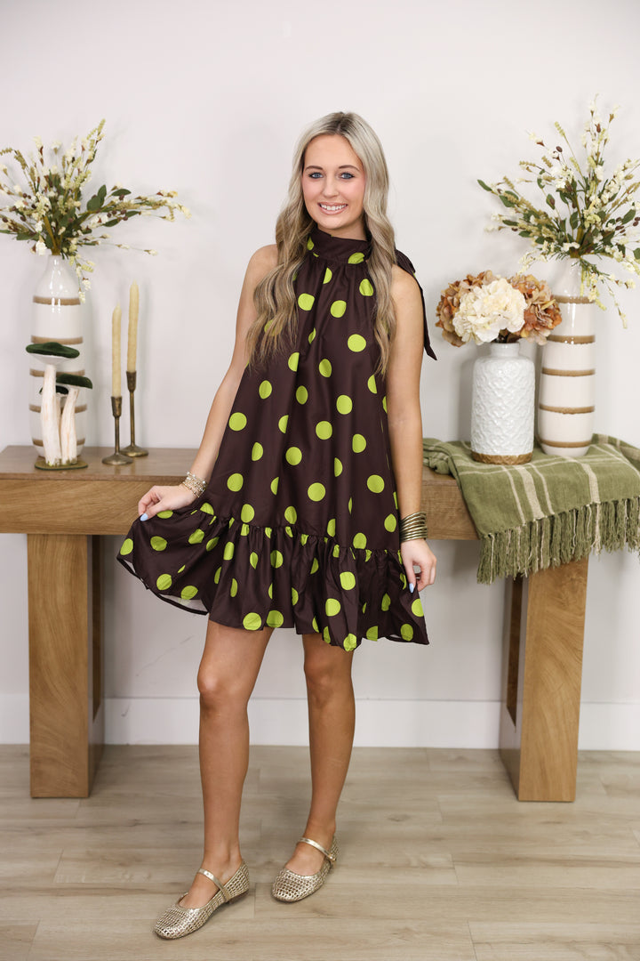 Tie Neck Sleeveless Polka Dot Mini Dress "Brown"
