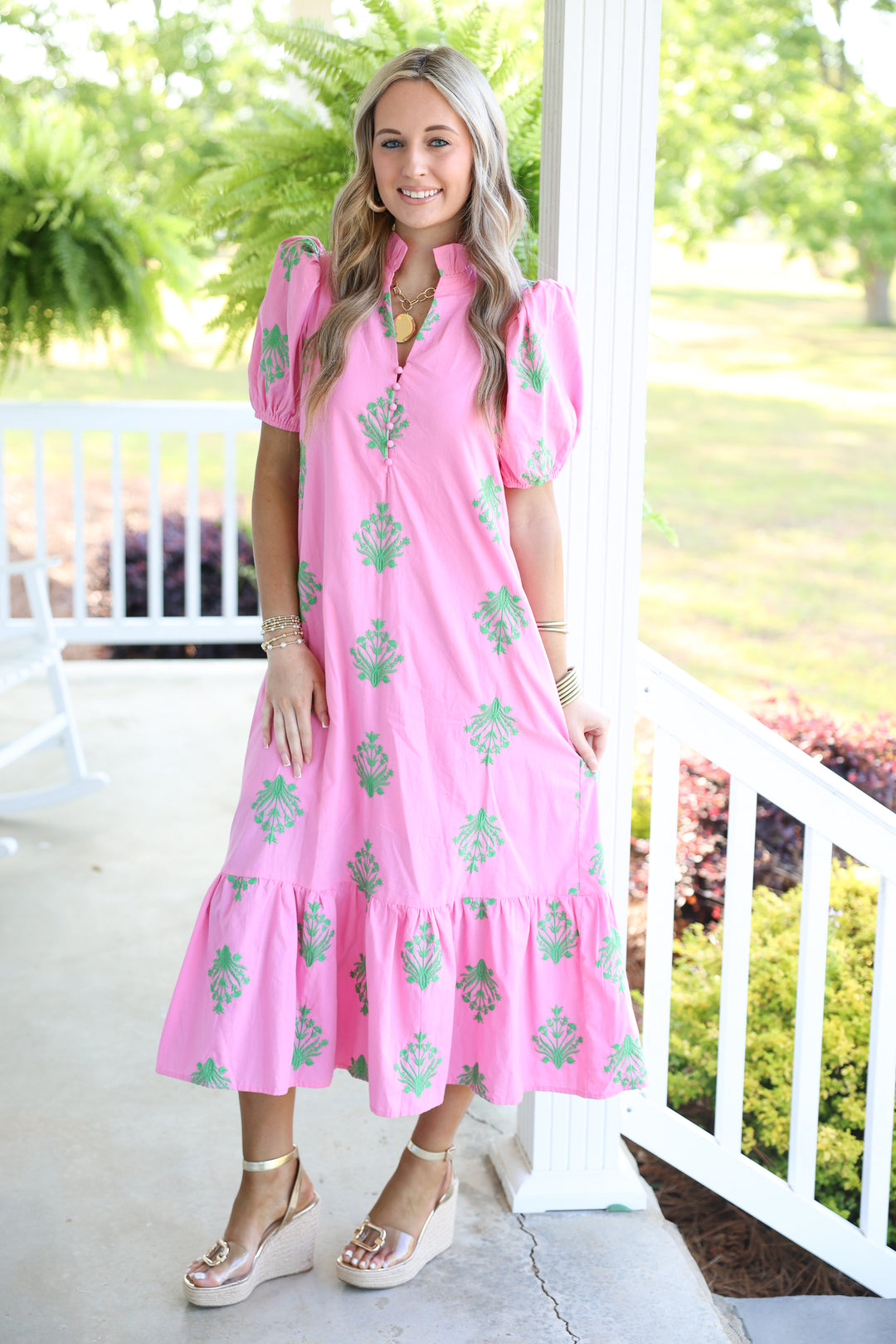 Botanical Embroidery Short Puff Sleeve Midi Dress "Pink"
