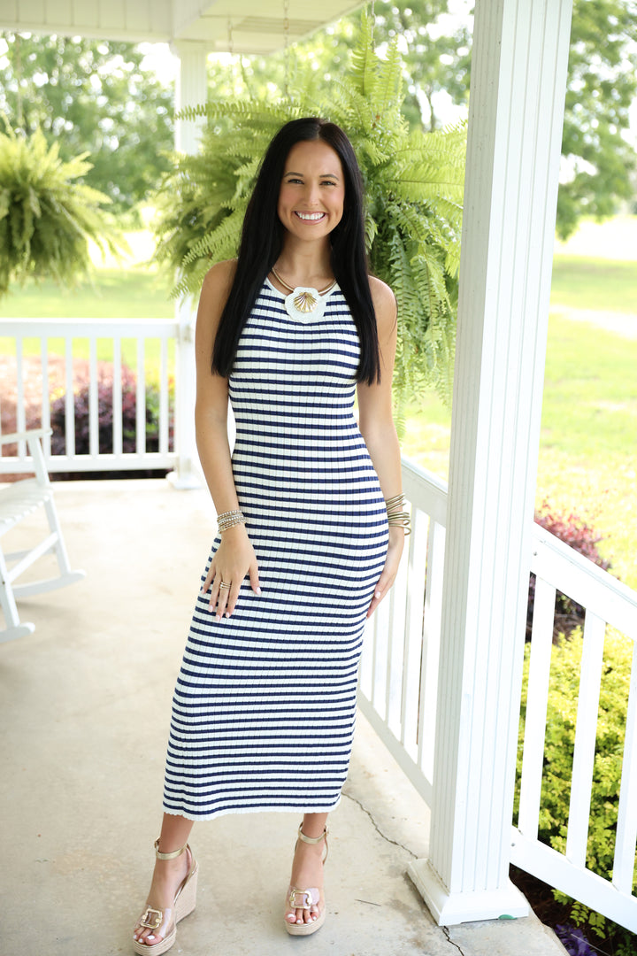 Sleeveless Round Neck Striped Rib Sweater Midi Dress "White/Navy"