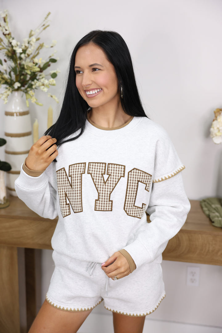 NYC Graphic Pulllover Top & Shorts Set "LT H Grey/Brown"