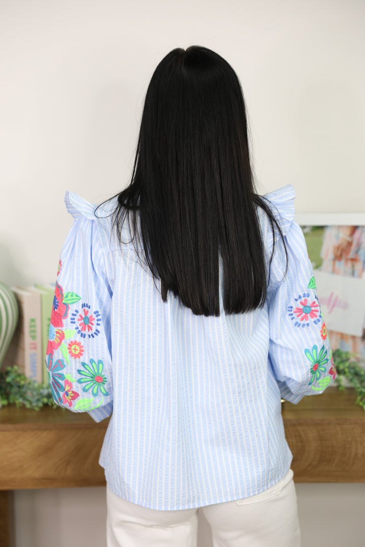 Embroidered Sleeve Stripe Top "Blue"