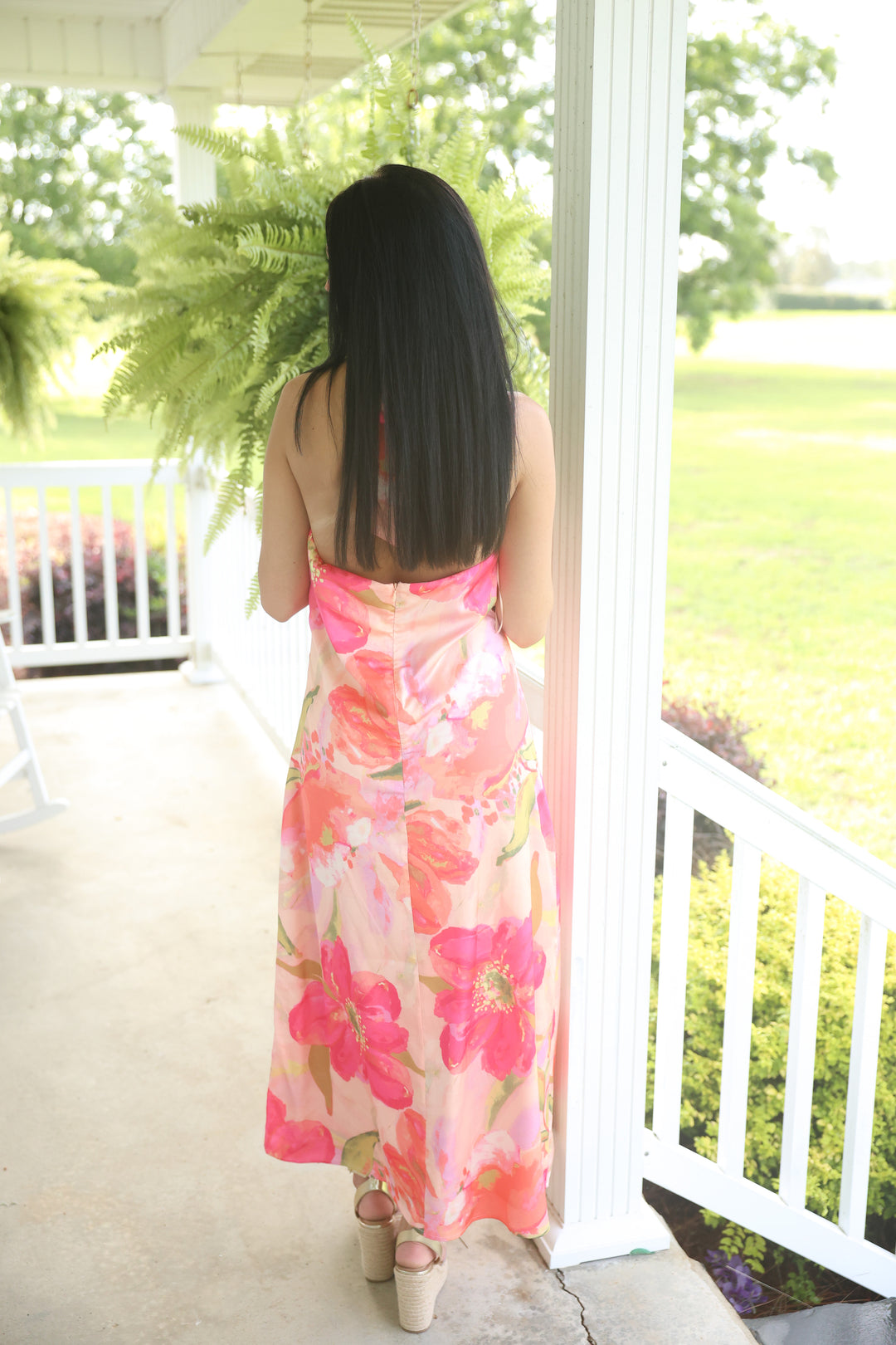 Pink Palms & Petals Halter Neck Midi Dress