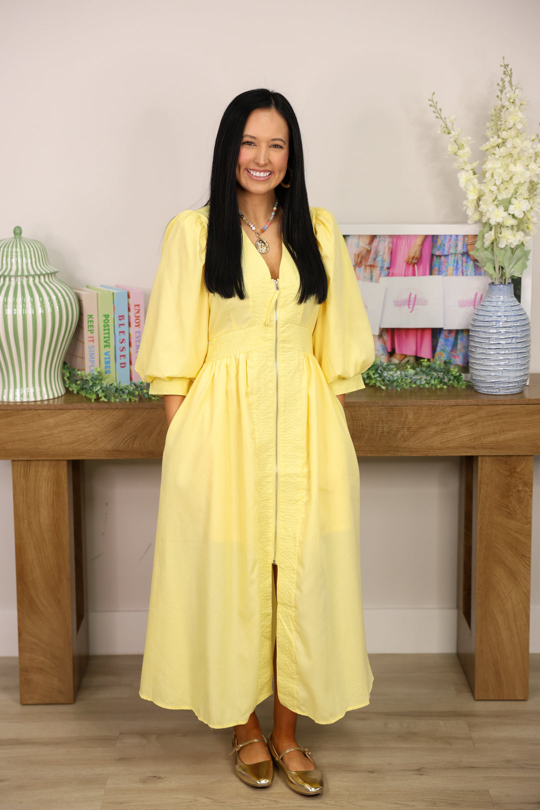 Gracious Solid 3/4 Sleeve Midi Dress "Yellow"