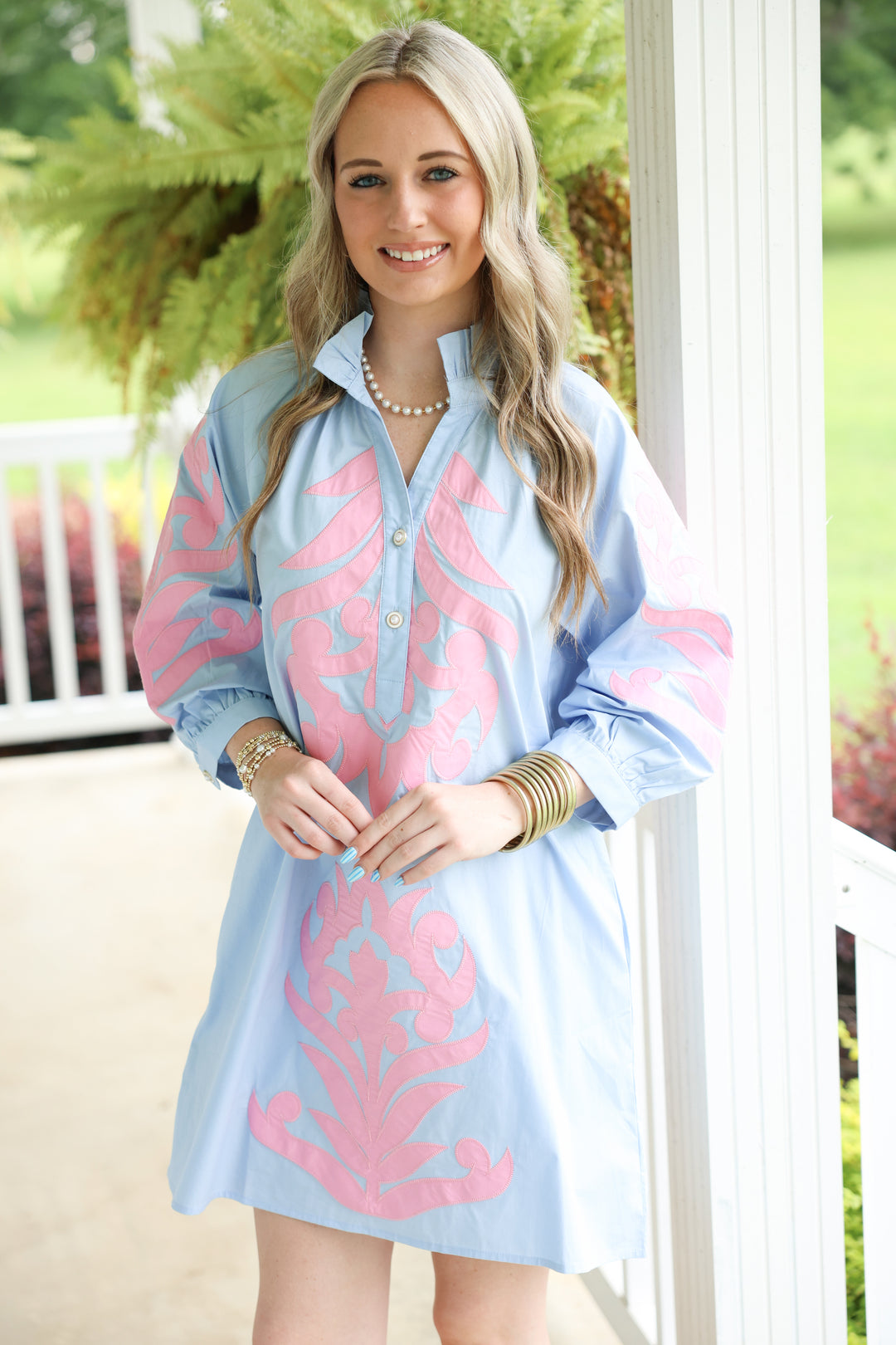 3/4 Sleeve Baroque Applique Detail Shift Dress "Powder Blue"