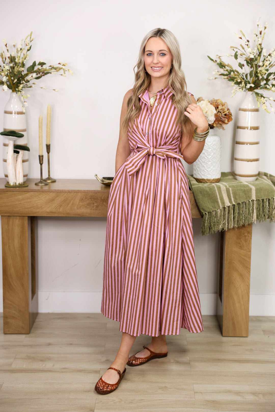 Sarah Striped Collared Sleeveless Midi Dress W/ Front Tie "Camel/Pink"