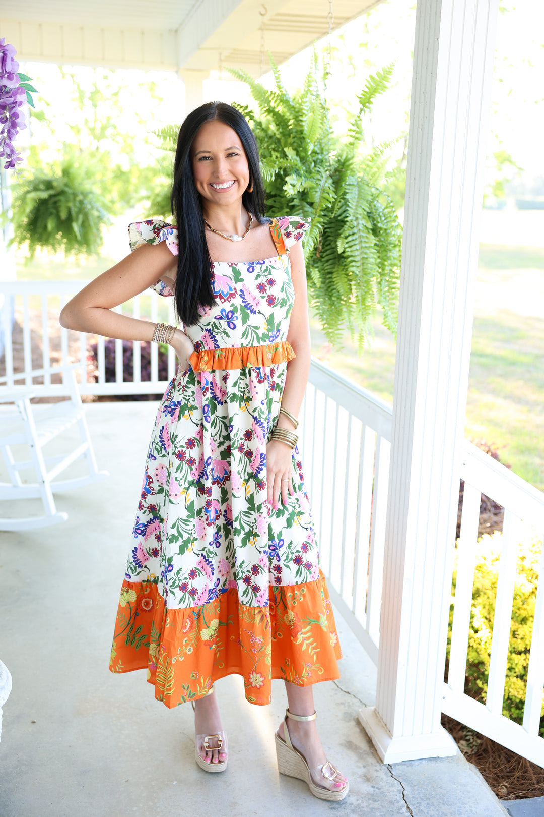 Exotic Garden Party Midi Dress "Orange Multi"