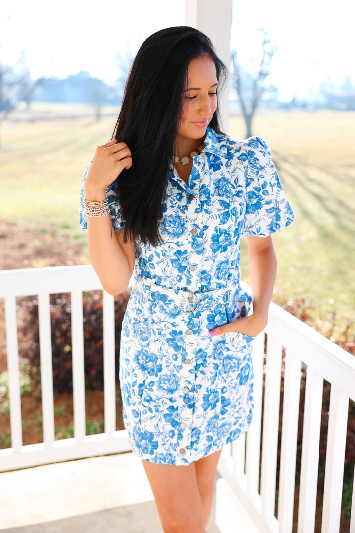 Belted Button Dress "White/Blue"