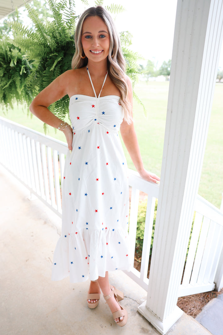 Star Embroidered Halter Midi Dress